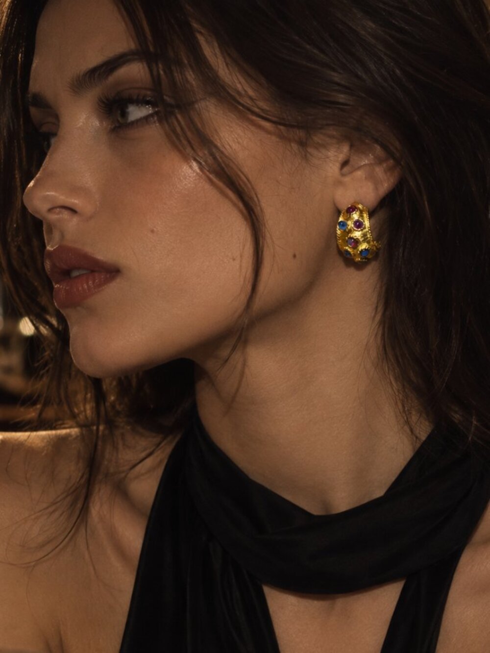 Gold Tone Multicolor Gem Half Hoop Statement Earrings